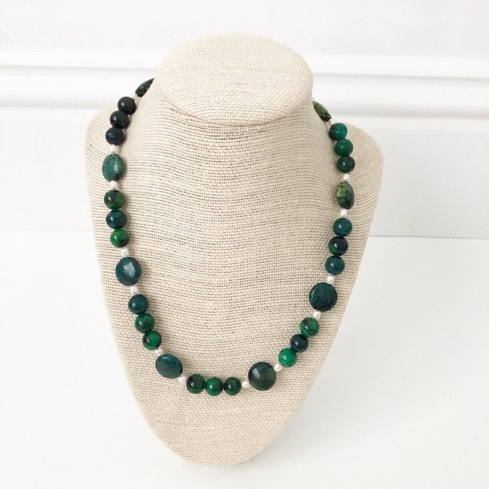 NWT Genuine Chrysocolla & Pearls Beaded Necklace Green White
